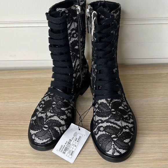 Casadei Black Lace & Leather Combat Ankle Boots Size 37/7 US Nwt - Picture 2 of 8